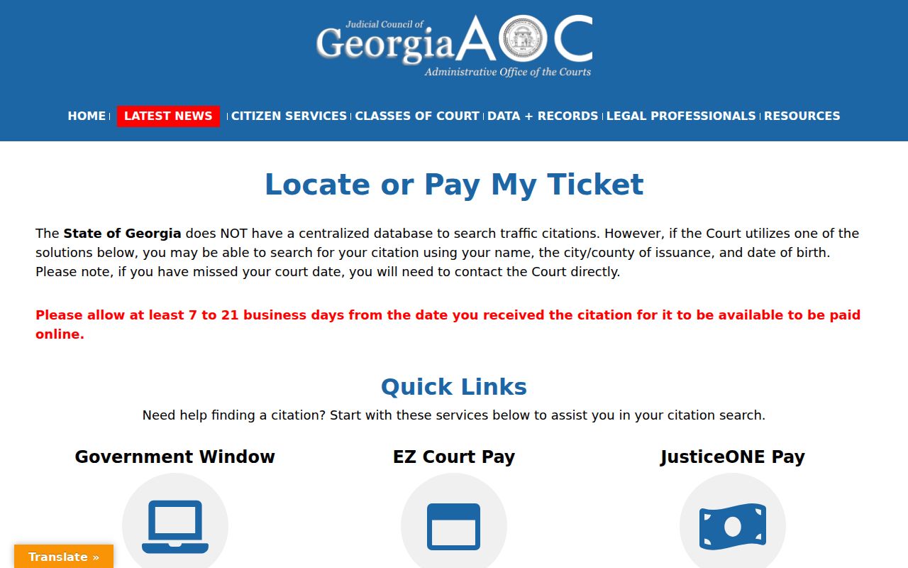 Georgia Courts notice about locating or paying a Walton County traffic citation